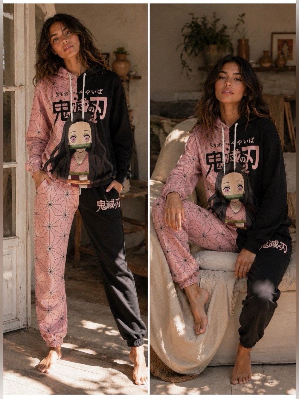 155  Anime Hoodie and Joggers Set in Pink and Black size L